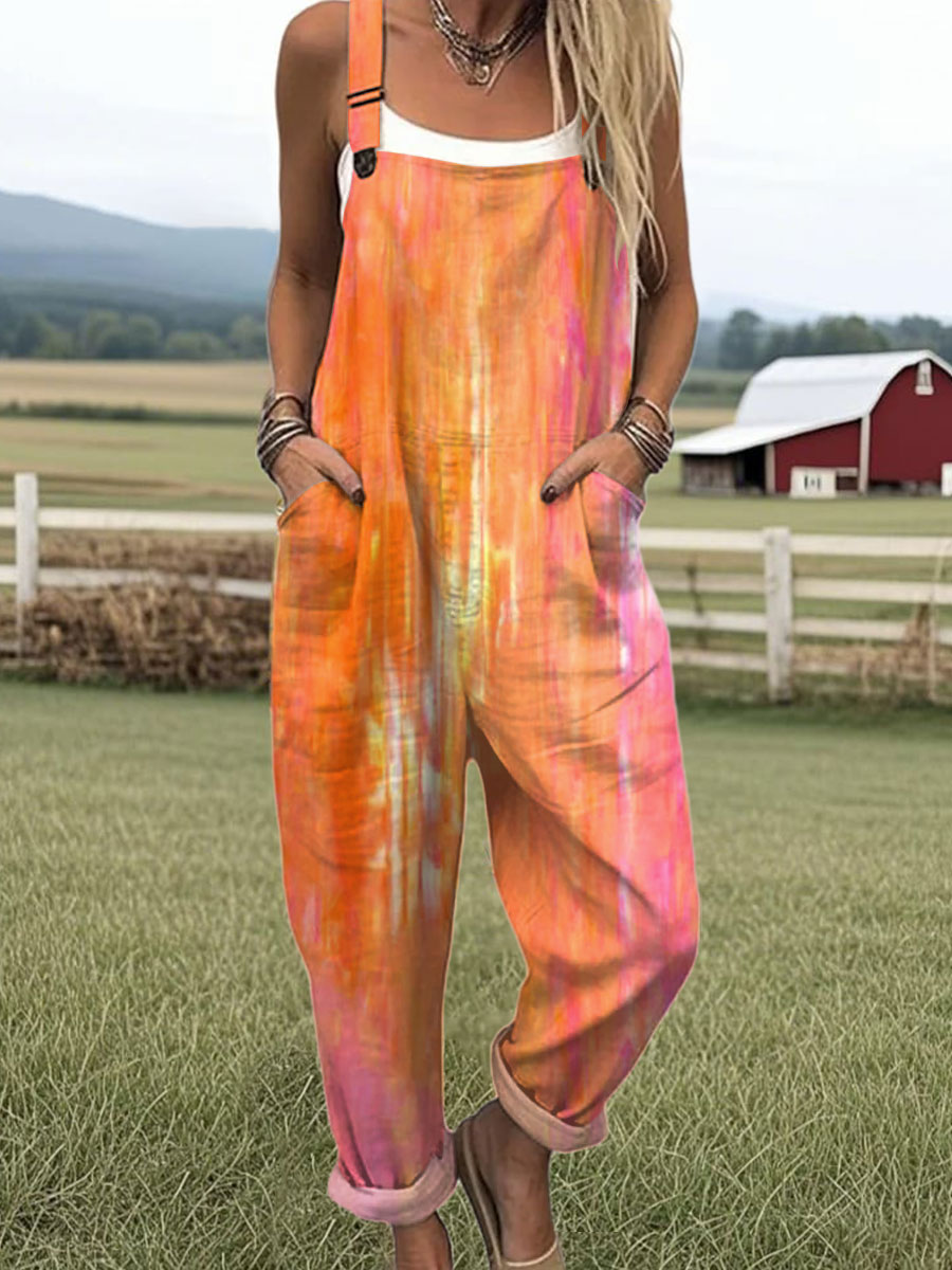 Women's Vintage Gradient  Art Print Casual 100% Cotton Wide Leg Jumpsuit
