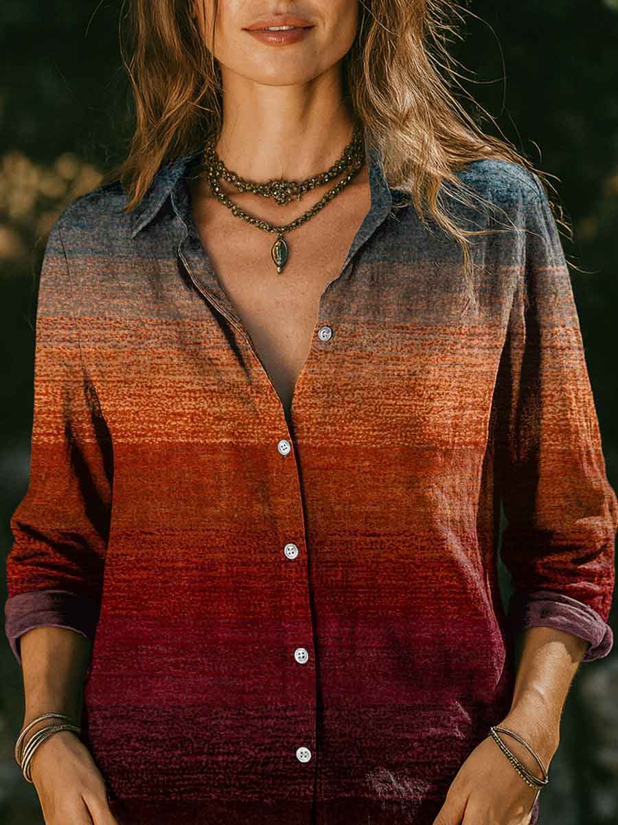 Women's Autumn Gradient Striped Print Casual Cotton Shirt