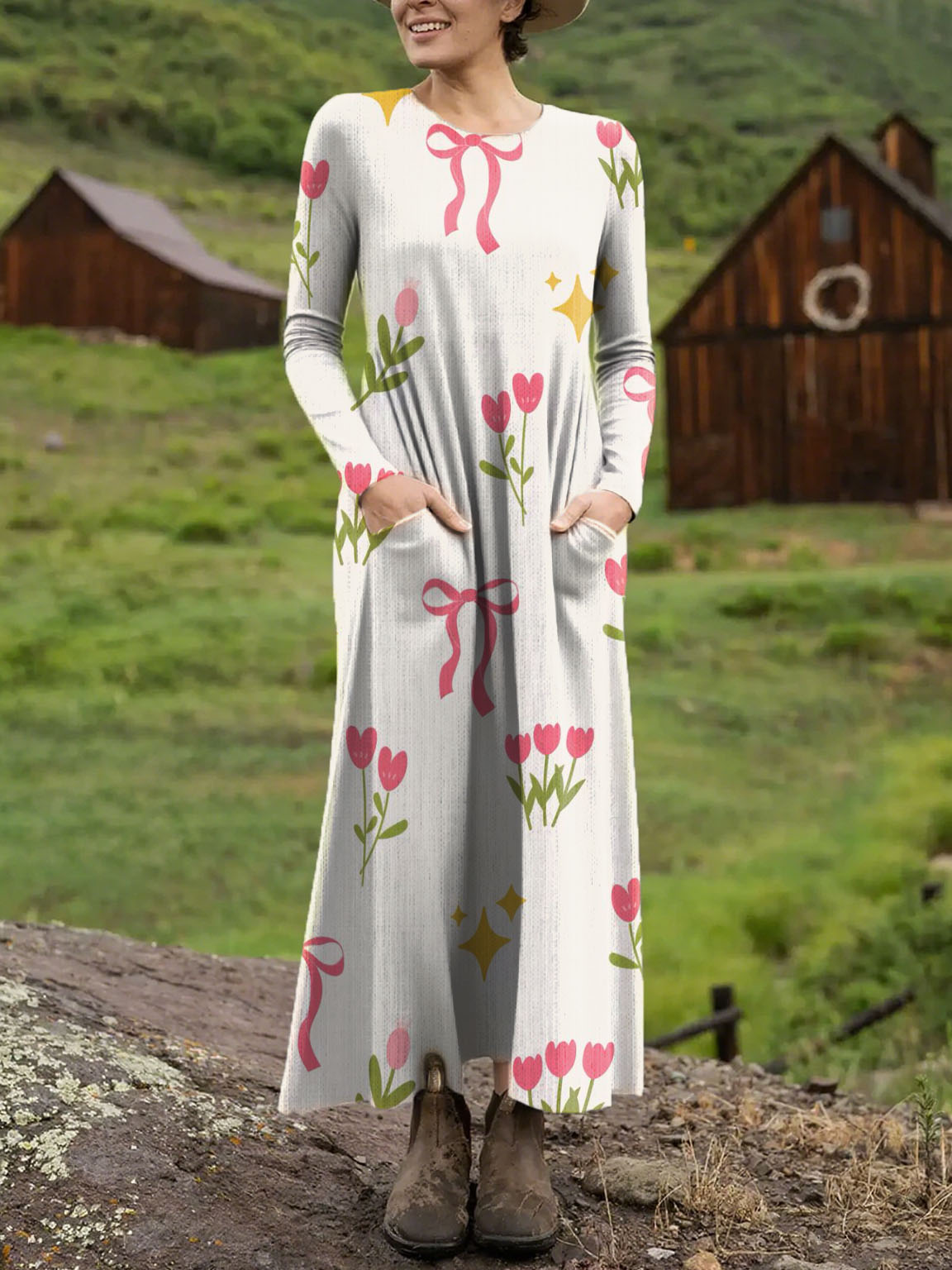 Women's Tulips And Bows Art Print Long-sleeved Dress
