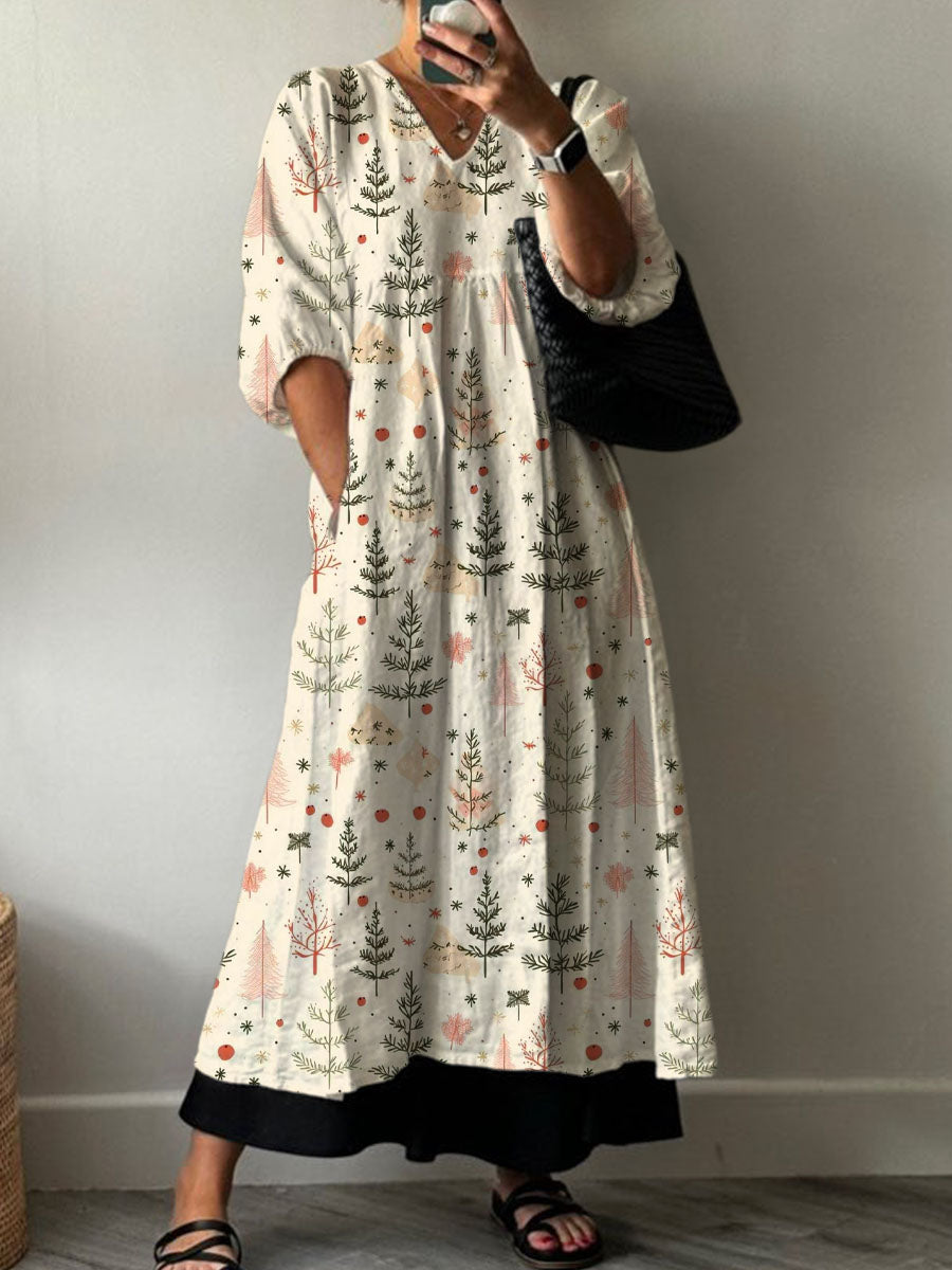 Women's Christmas Tree Art Print Pocket V-neck Cotton Dress