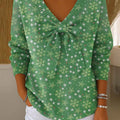 Women's Christmas Print Bowknot V-Neck Long Sleeve Casual Pullover Sweater