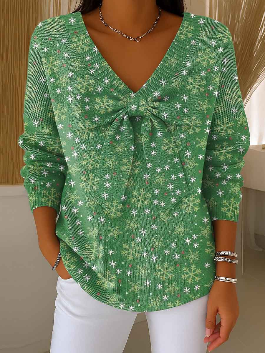 Women's Christmas Print Bowknot V-Neck Long Sleeve Casual Pullover Sweater