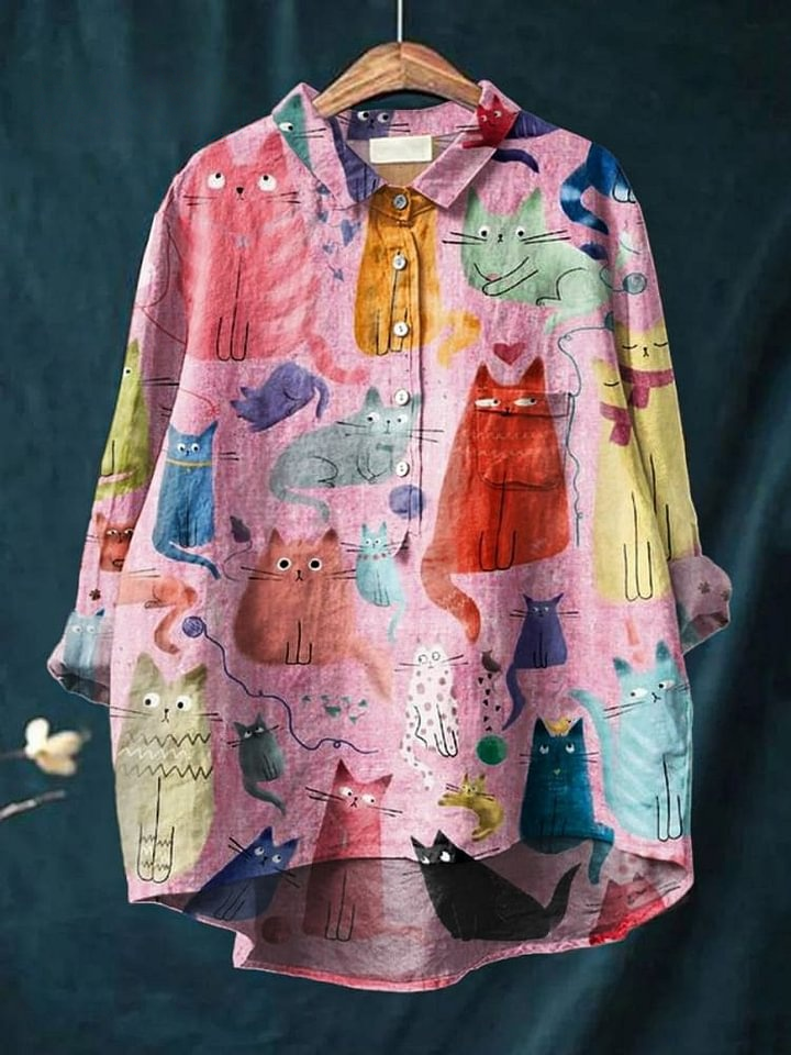 Women's Cat  Art Print Casual Cotton And Linen Shirt