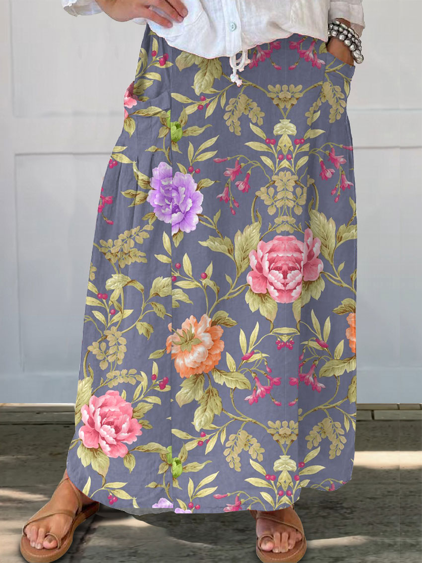 Women's Vintage Floral Art Print   Linen Pocket Skirt