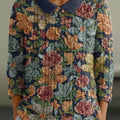 Damen-schöner-Vintage-Blumenmuster-Kunstdruck-Freizeitpullover mit Peter-Pan-Kragen-3-4-Ärmeln-jcd1