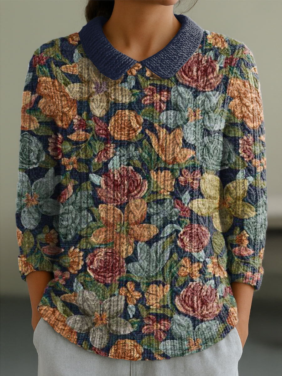 womens-beautiful-vintage-floral-painting-art-print-casual-peter-pan-collar-3-4-sleeve-sweater-jcd1