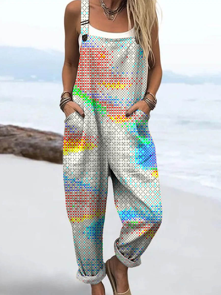 Women's Abstract Geometric Pattern Art Print Casual 100% Cotton Wide Leg Jumpsuit