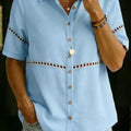 Women's Solid-color Short-sleeve Casual Loose Cotton-linen Cardigan With Shirt Collar