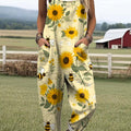 Women's Lovely Sunflower Bees Art Print Casual 100% Cotton Wide Leg Jumpsuit