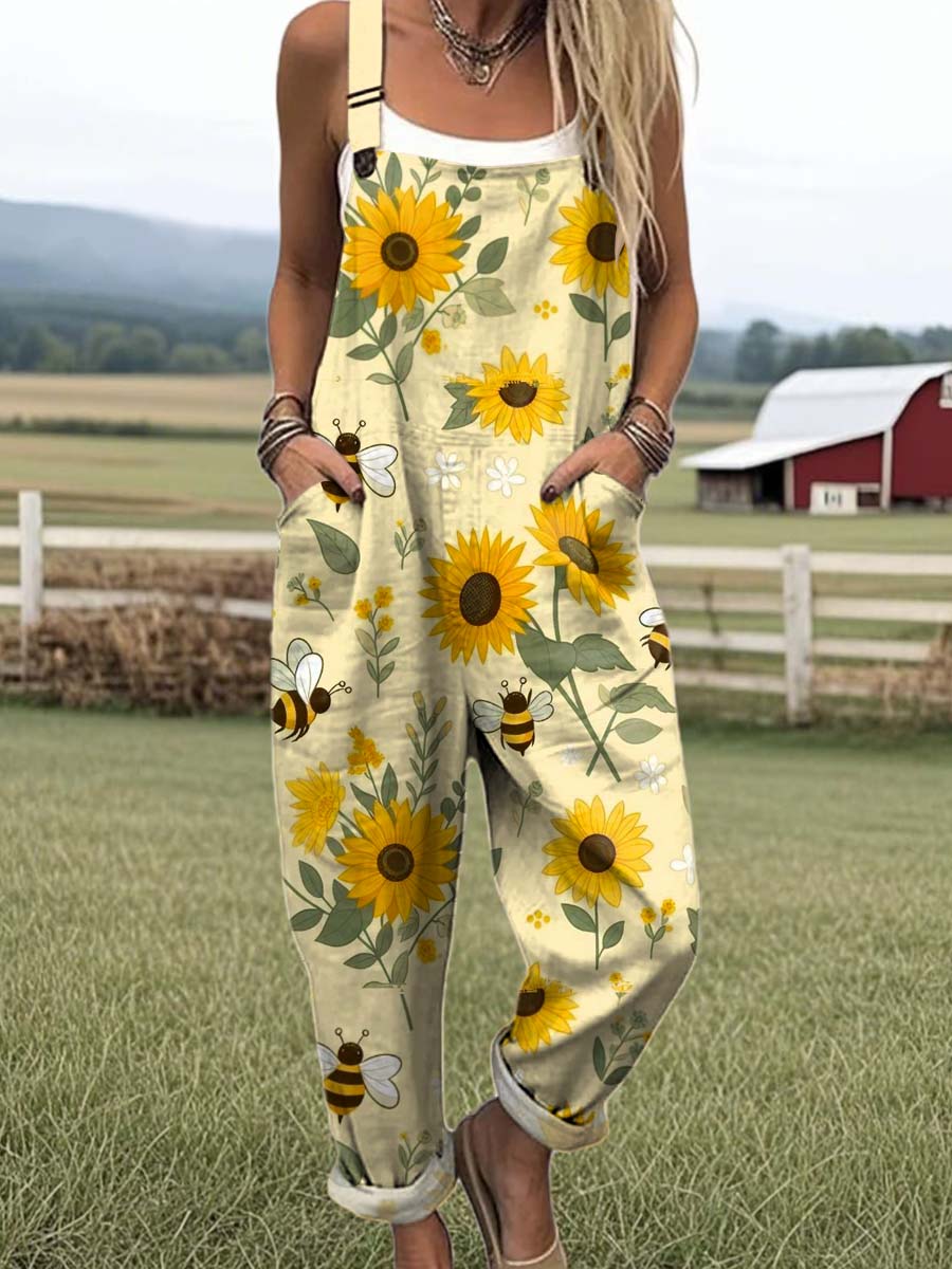 Women's Lovely Sunflower Bees Art Print Casual 100% Cotton Wide Leg Jumpsuit