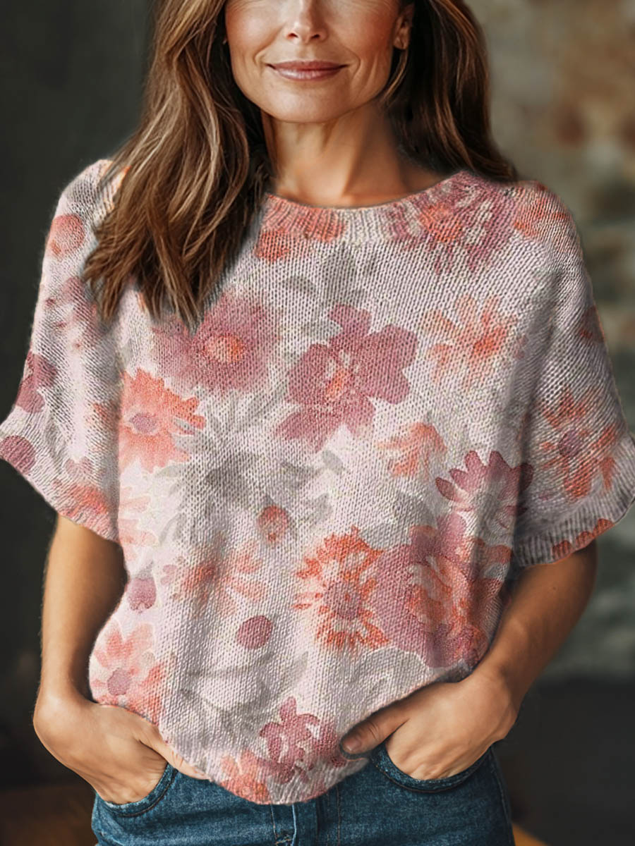 womens-vintage-floral-art-print-casual-crew-neck-short-sleeve-knitted-sweater-t076
