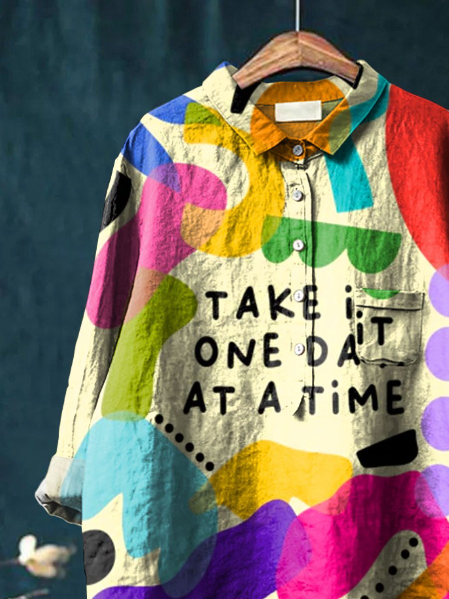 Abstrct Art Printed Women's Casual Cotton And Linen Shirt