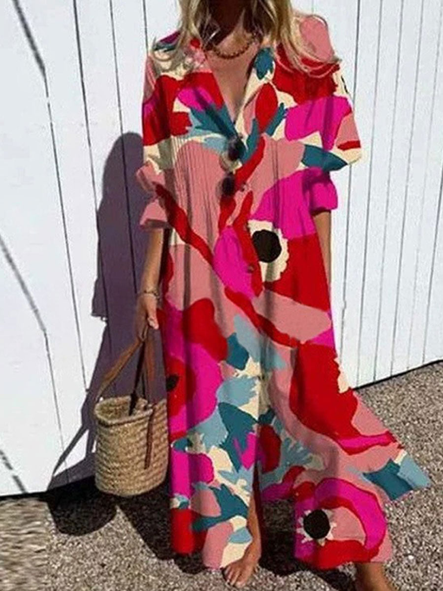 Women's Floral Art Print Pleated Casual Dress