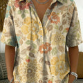 Women's Vintage Botanical Floral Casual Polo Collar Short-sleeved Linen And Cotton Shirt