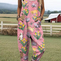 Women's Lovely Rabbits Floral Art Print Casual 100% Cotton Wide Leg Jumpsuit