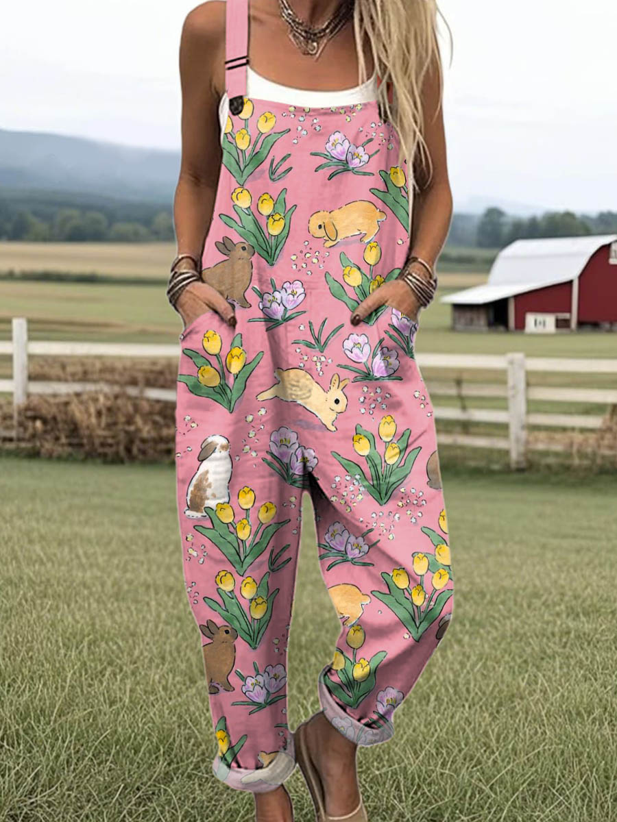 Women's Lovely Rabbits Floral Art Print Casual 100% Cotton Wide Leg Jumpsuit