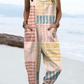 Women's Vintage Abstract Geometric Art Print Casual 100% Cotton Wide Leg Jumpsuit