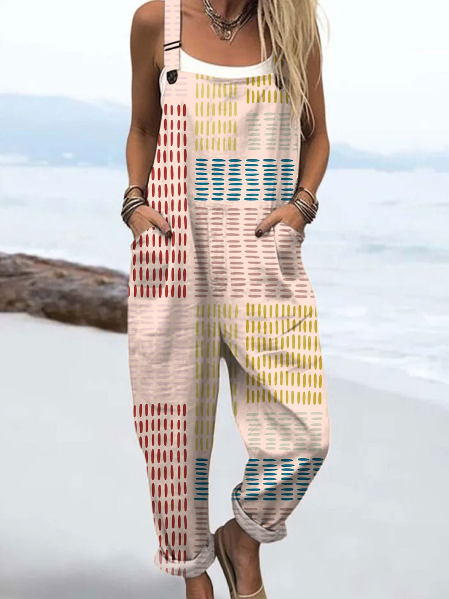 Women's Vintage Abstract Geometric Art Print Casual 100% Cotton Wide Leg Jumpsuit