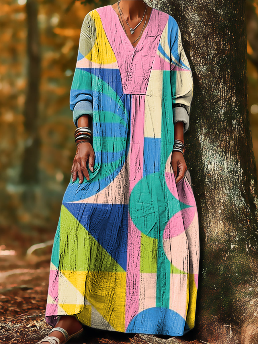 Women's Abstract Colorful Geometric Color Block Painting Art Print Dress