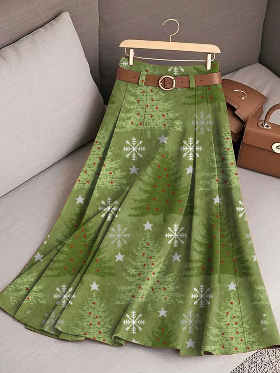 Women's Vintage Christmas Art Print Cotton Skirt