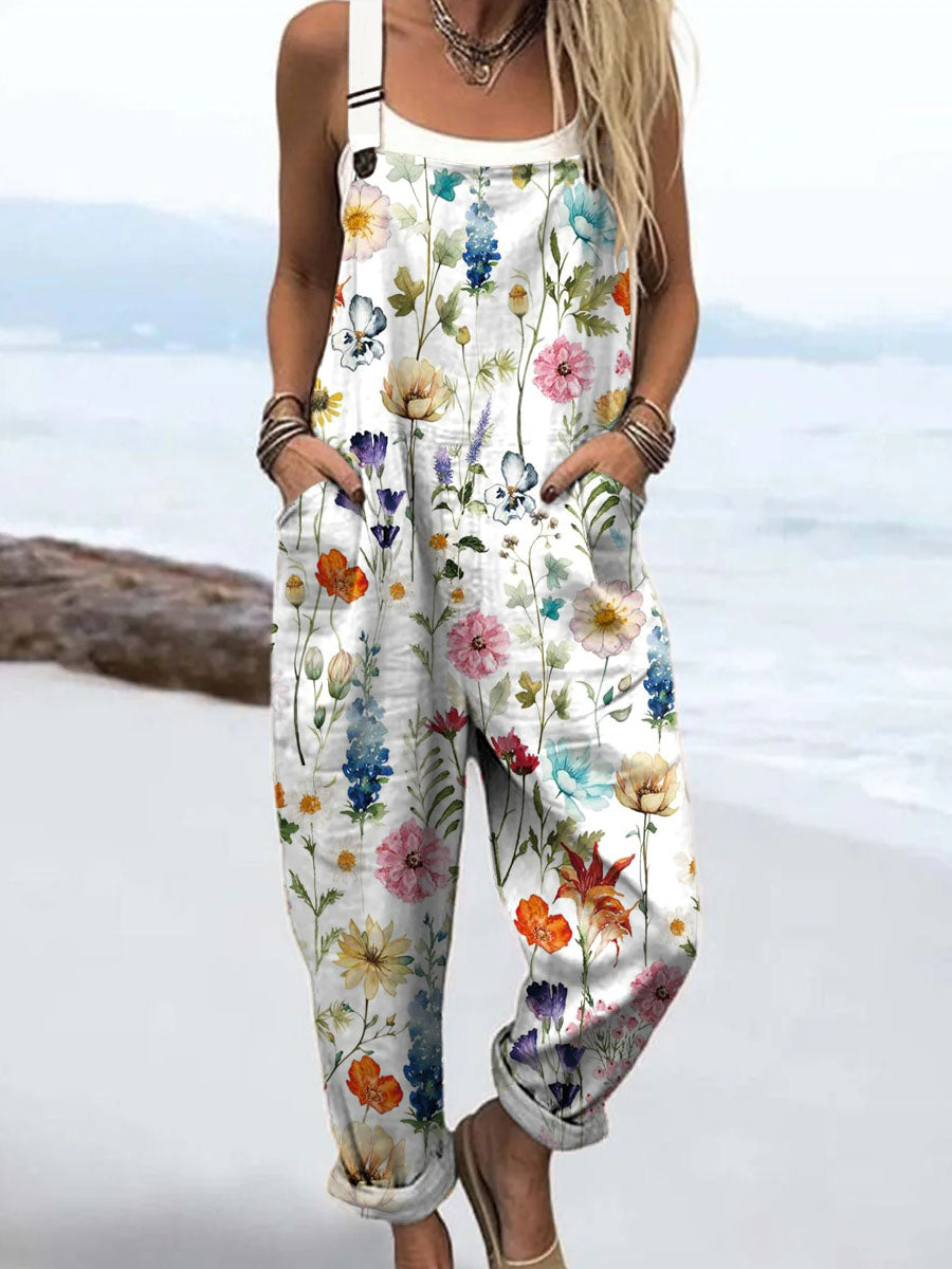 Women's Vintage Floral Pattern Art Print Casual 100% Cotton Wide Leg Jumpsuit