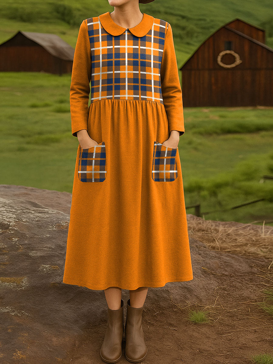 Vintage Orange Check Decorative Pattern Peter pan Collar Casual Dress