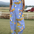 Women's  Funny Flower Bee  Art Print Casual 100% Cotton Wide Leg Jumpsuit