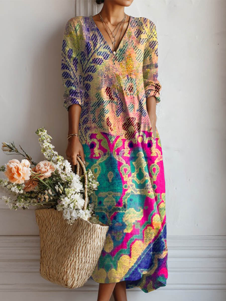 Women's Vintage Pattern Art Print Cotton And Linen Pocket Dress