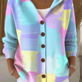 Women's Irregular Color Blocks Printed Casual Hooded Button Sweater
