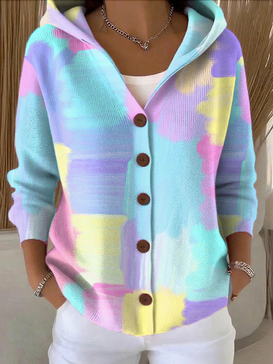 Women's Irregular Color Blocks Printed Casual Hooded Button Sweater