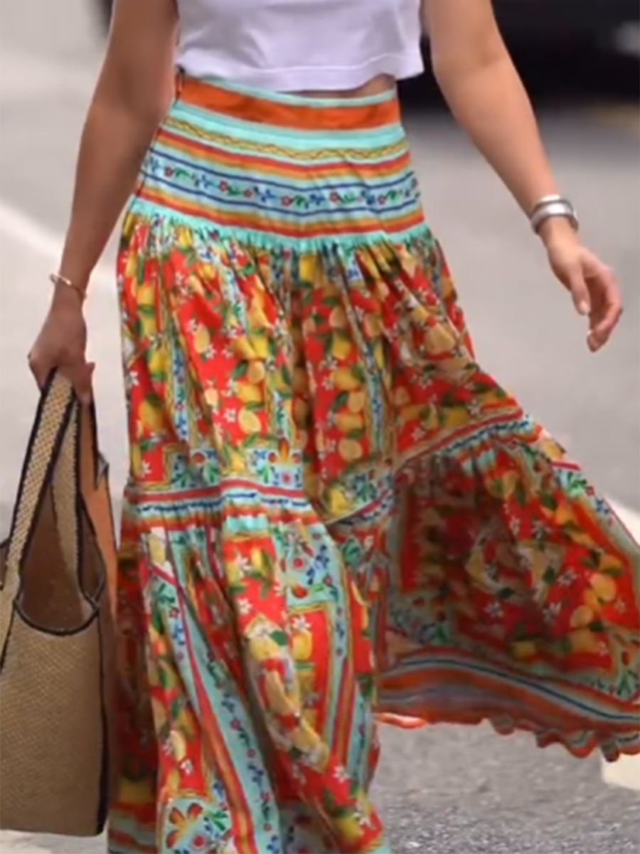 Women's Retro Lemon Flower Print Skirt