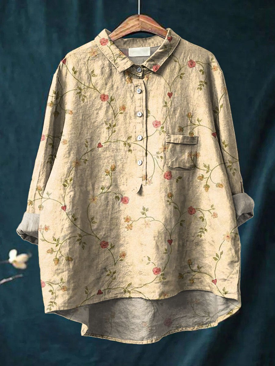 Women's Vintage Floral Art Print Casual Cotton And Linen Shirt
