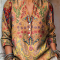 Women's Vintage Ethnic Geometric Pattern Art Print Casual Cotton And Linen Shirt