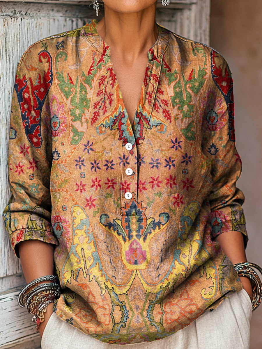 Women's Vintage Ethnic Geometric Pattern Art Print Casual Cotton And Linen Shirt