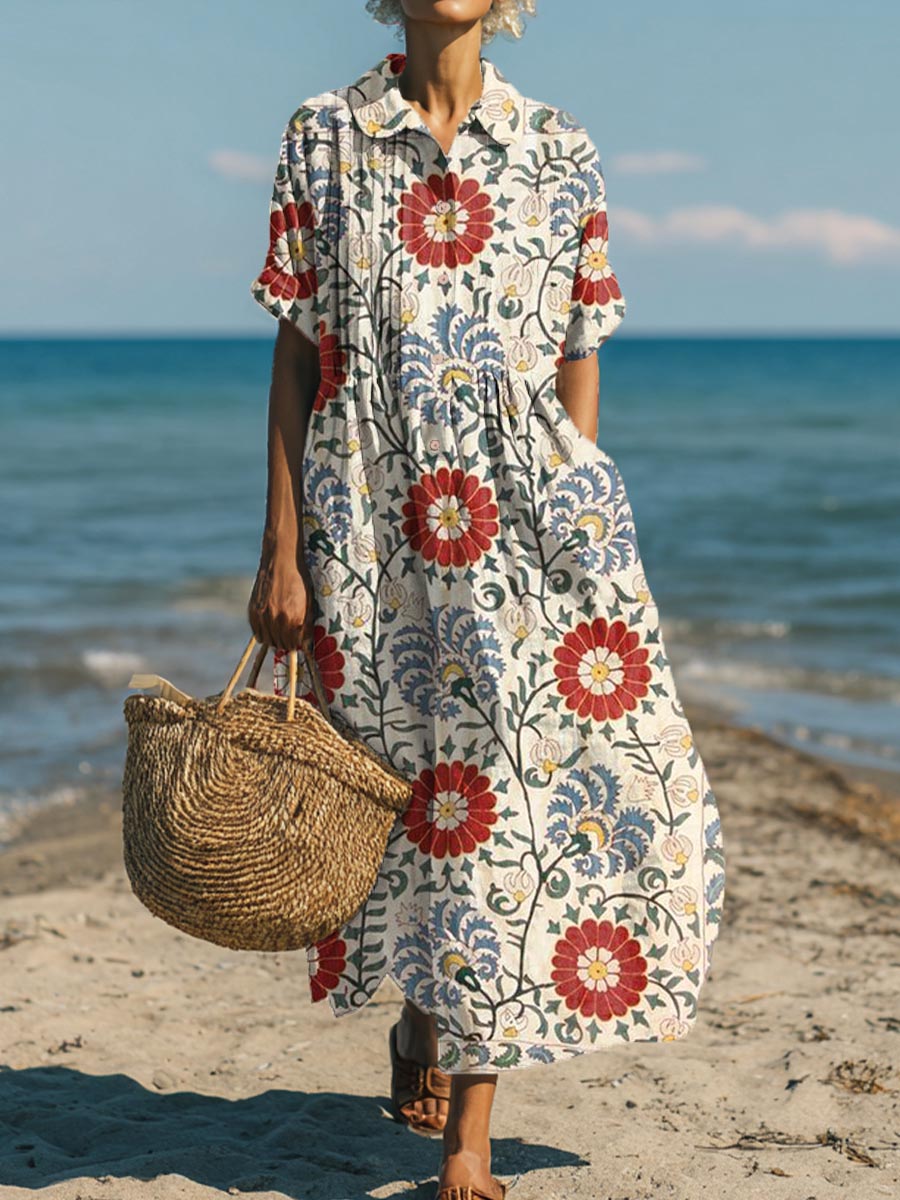 Women's Vintage Floral Pattern Art Print Cotton Dress