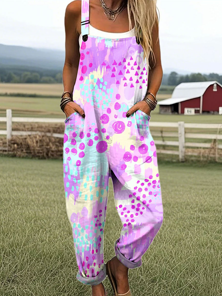 Women's Colorblock Geometric Art Print Casual 100% Cotton Wide Leg Jumpsuit