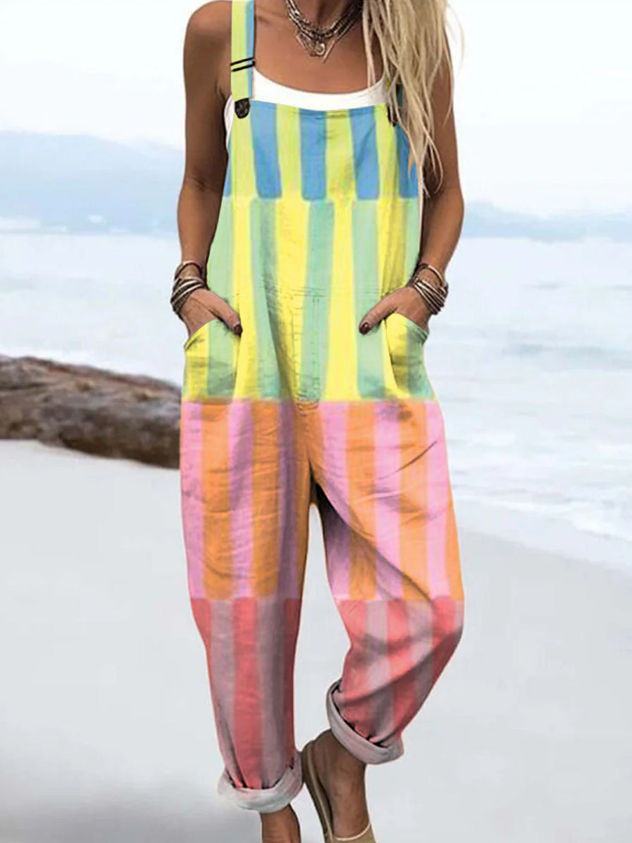 Women's Artistic Colorful Abstract Geometry Print Casual 100% Cotton Wide Leg Jumpsuit