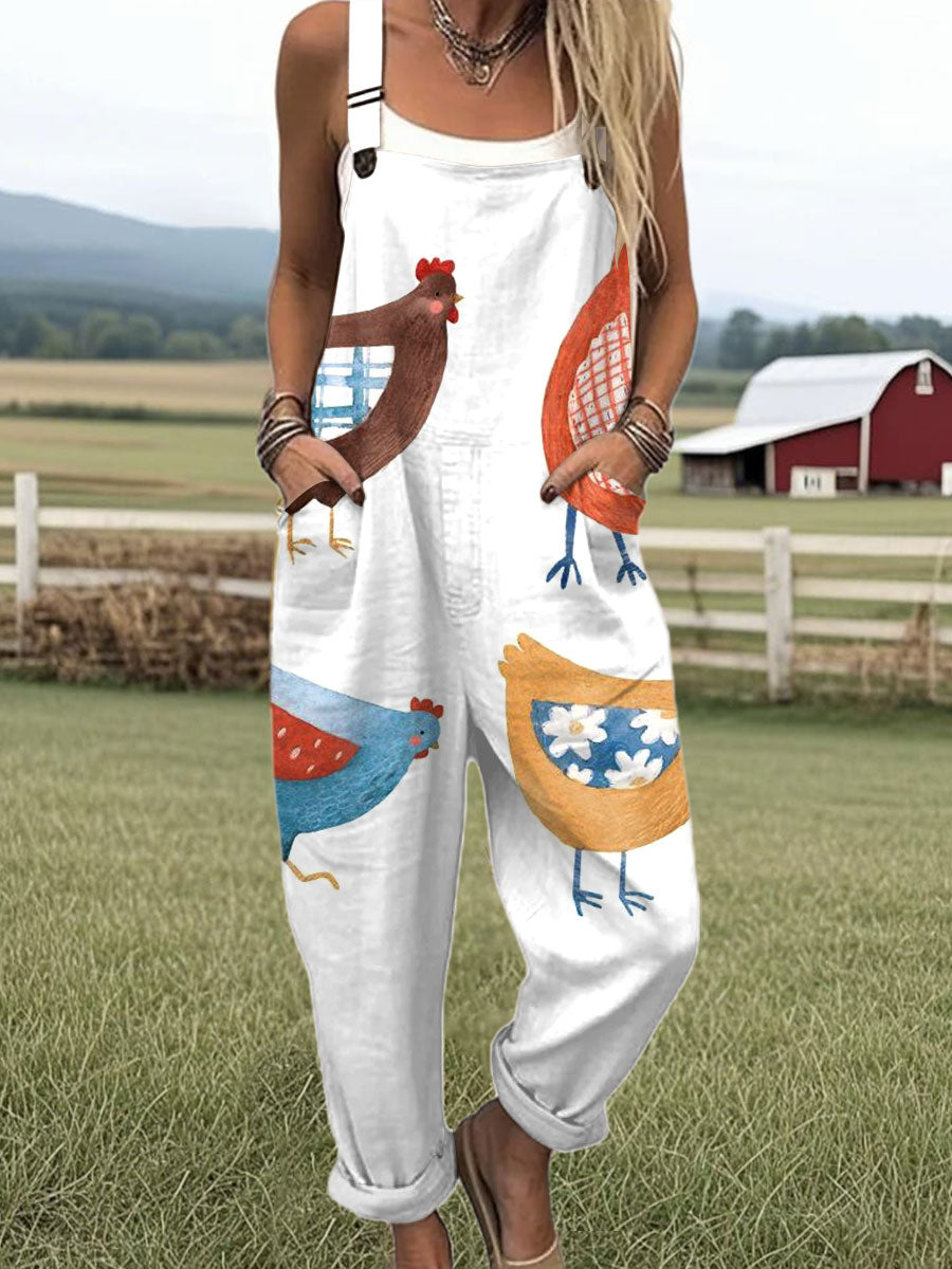 Women's Funny Chick Art Print Casual 100% Cotton Wide Leg Jumpsuit