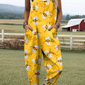 Women's Yellow Cartoon Bee Print Casual 100% Cotton Wide Leg Jumpsuit