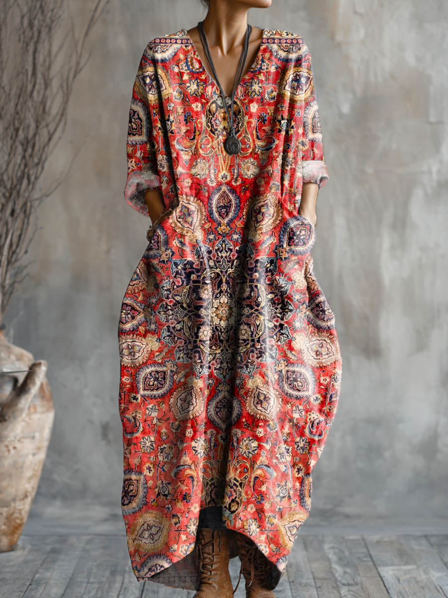 Women's Vintage Floral Art Pattern Print Pocket V-neck Cotton Dress