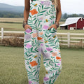 Women's Vintage Floral Bee Art Print Casual 100% Cotton Wide Leg Jumpsuit