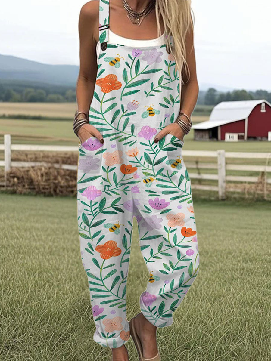 Women's Vintage Floral Bee Art Print Casual 100% Cotton Wide Leg Jumpsuit