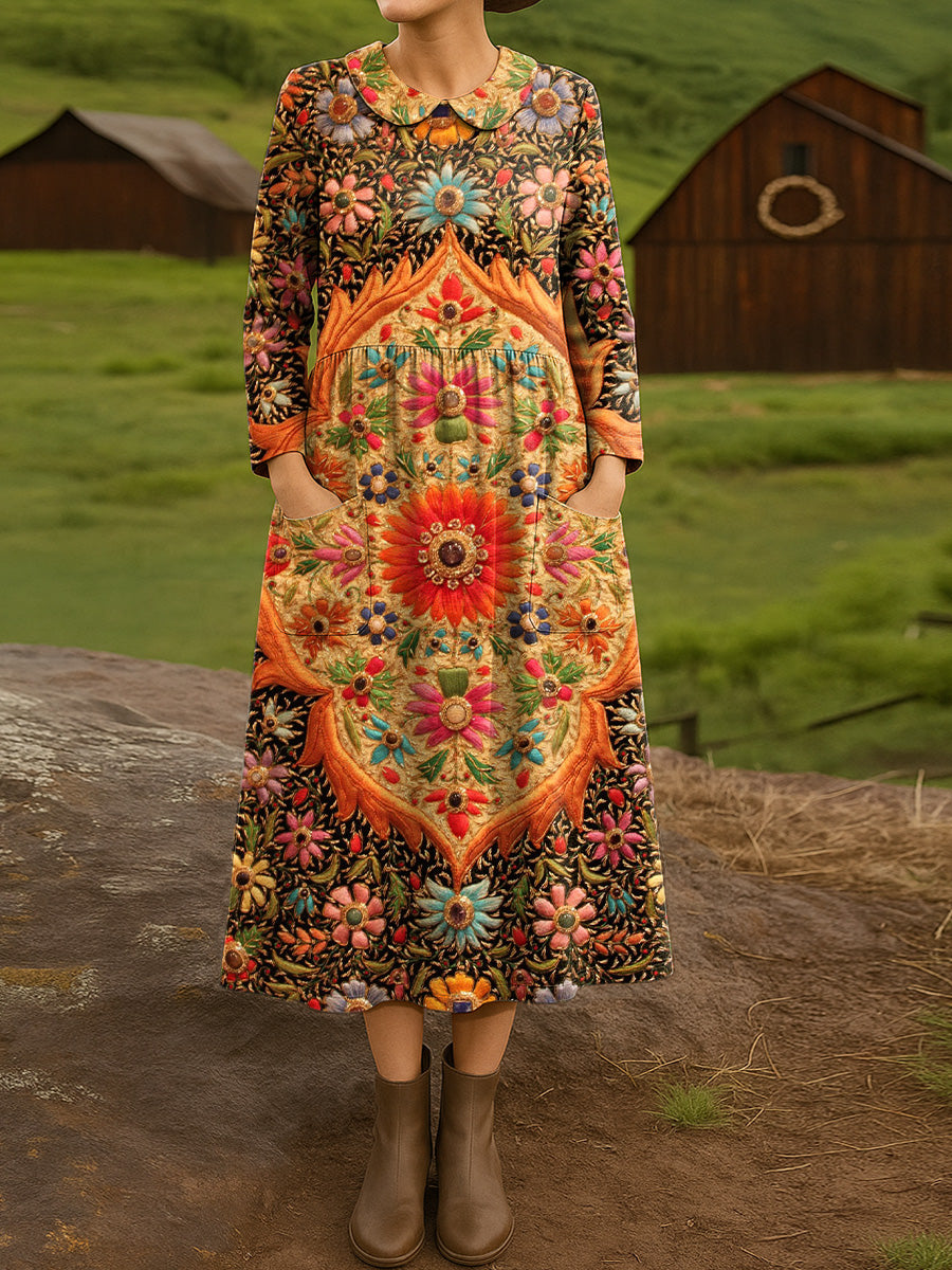 Women's Beautiful Vintage Floral Painting Art Print Cotton Lapel Shirt Dress