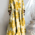 Women's Beautiful Large Flower Painting Art Print Pocket Cotton Dress