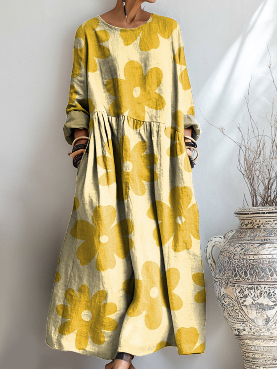 Women's Beautiful Large Flower Painting Art Print Pocket Cotton Dress