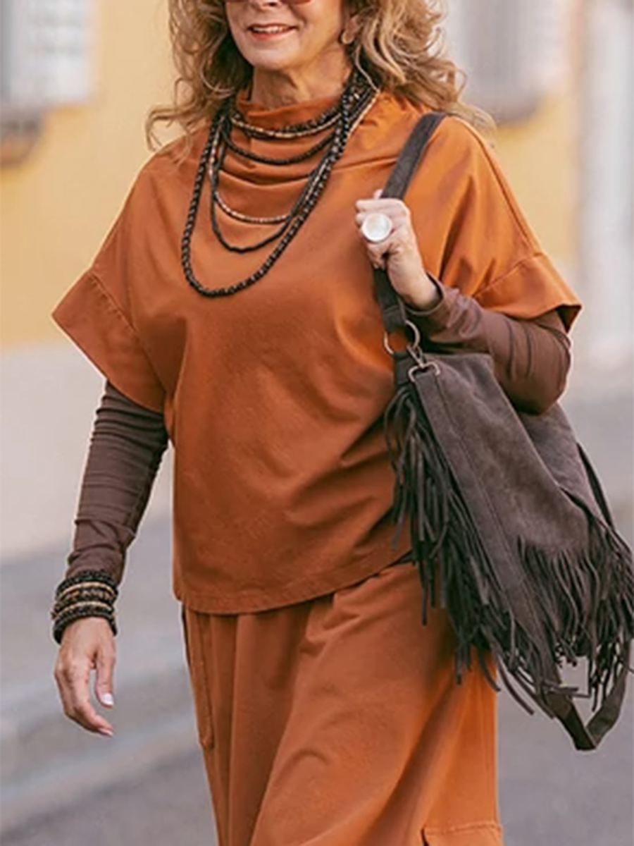 Women's Loose Turtleneck Top Irregular Skirt Cotton Suit