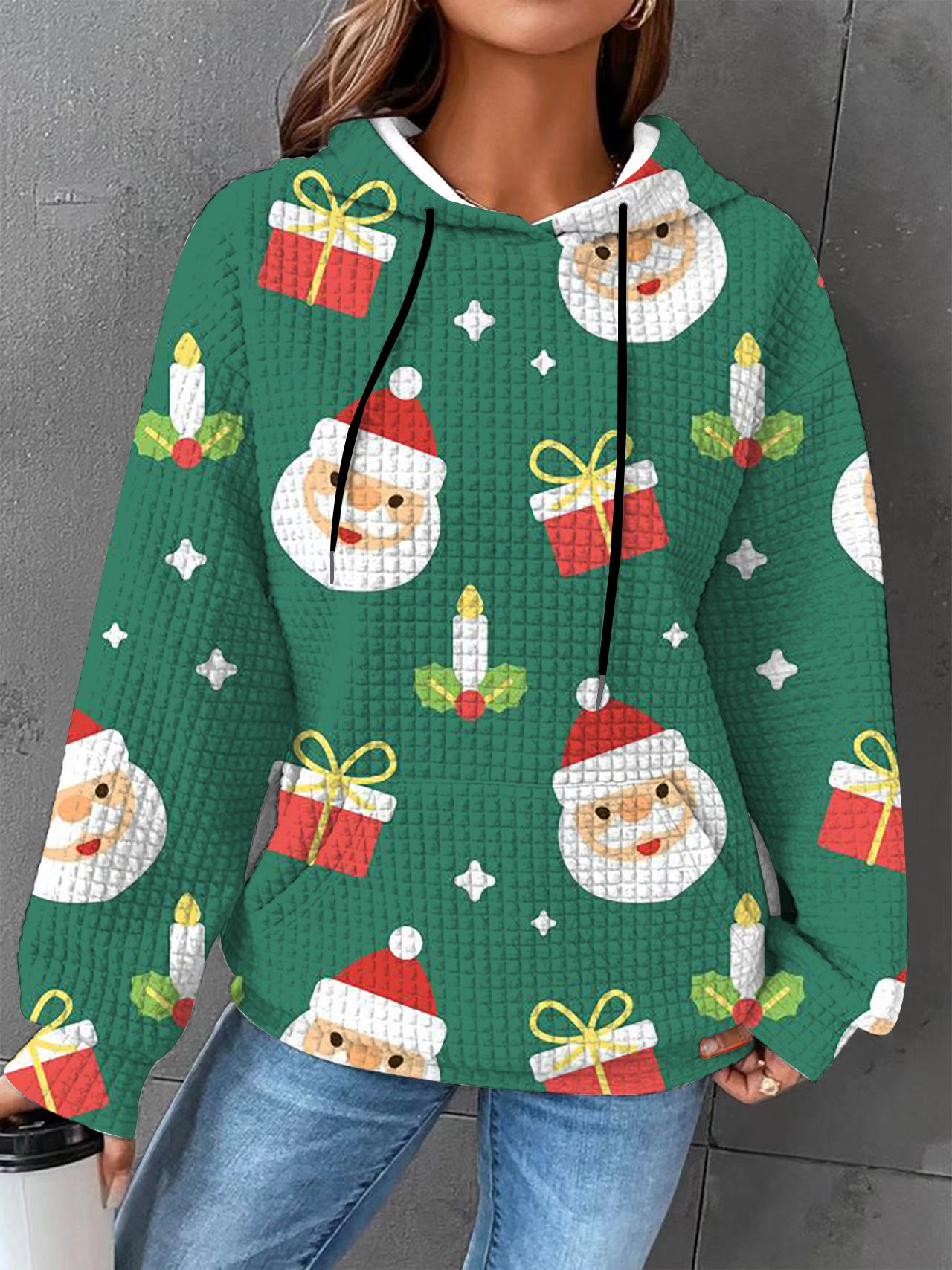 Plus size Autumn/Winter Women's Waffle Essential Creative Printed Long Sleeve Hooded Sweatshirt