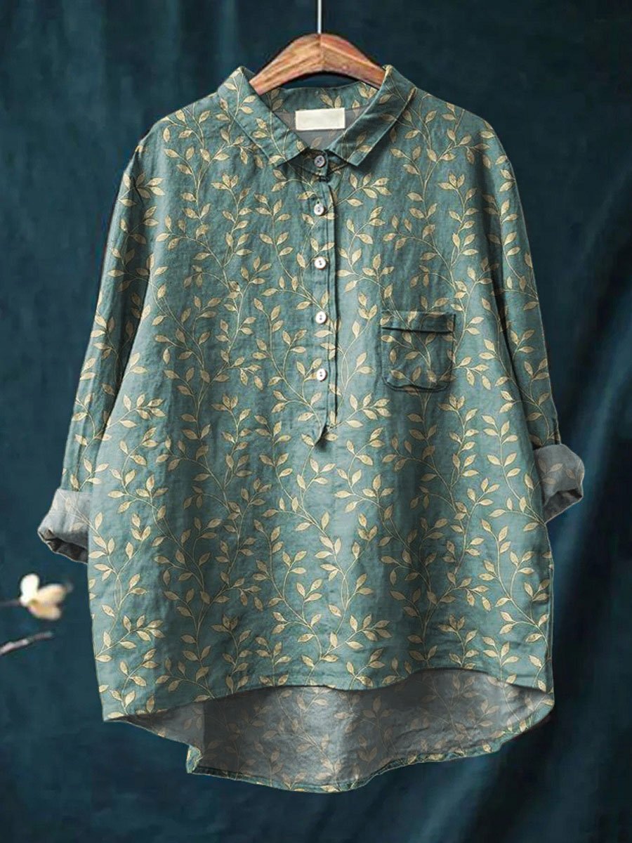 Women's Vintage Floral Art Print Casual Cotton And Linen Shirt