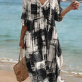 Bohemian-style Cotton-linen Dress With Irregular Plaid Art Print