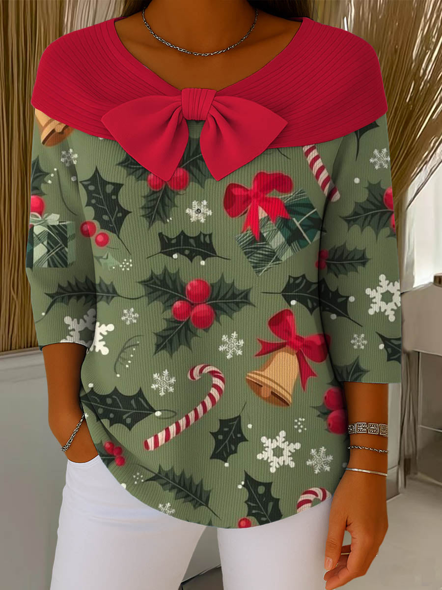 Women's Christmas Print Crew Neck 3/4 Sleeve Casual Pullover Sweater